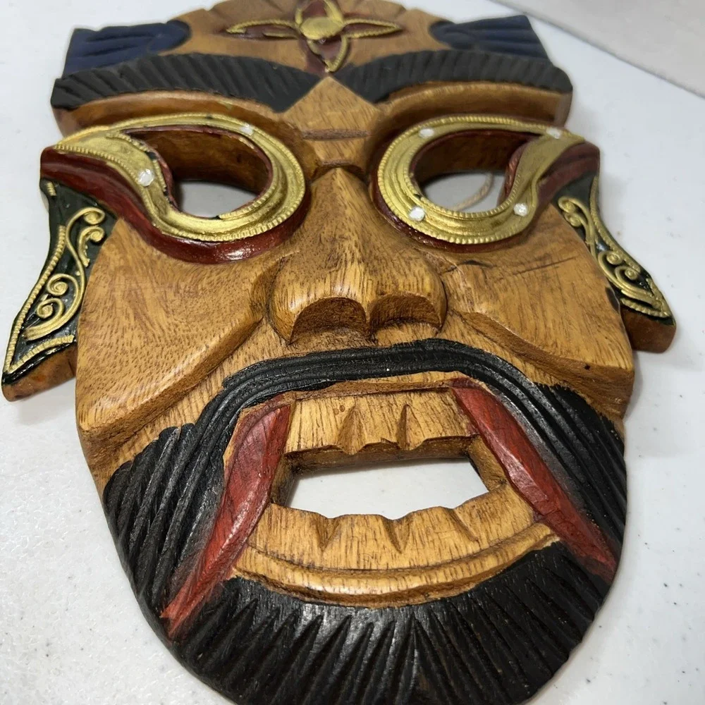 Vintage Wood THAI Mask Hand Carved & Painted Decor Asian Demon Face
